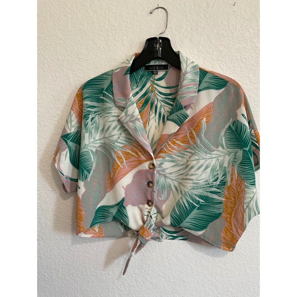 Blue Blush Tropical Palm Leaf Tie Front Crop Top Green Pink Large B5953BS